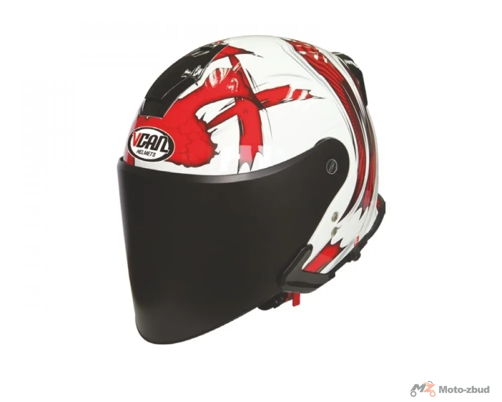 Kask VCAN model V586 white x-wind bez szczęki biało-czerwony z grafiką L — ujęcie 3