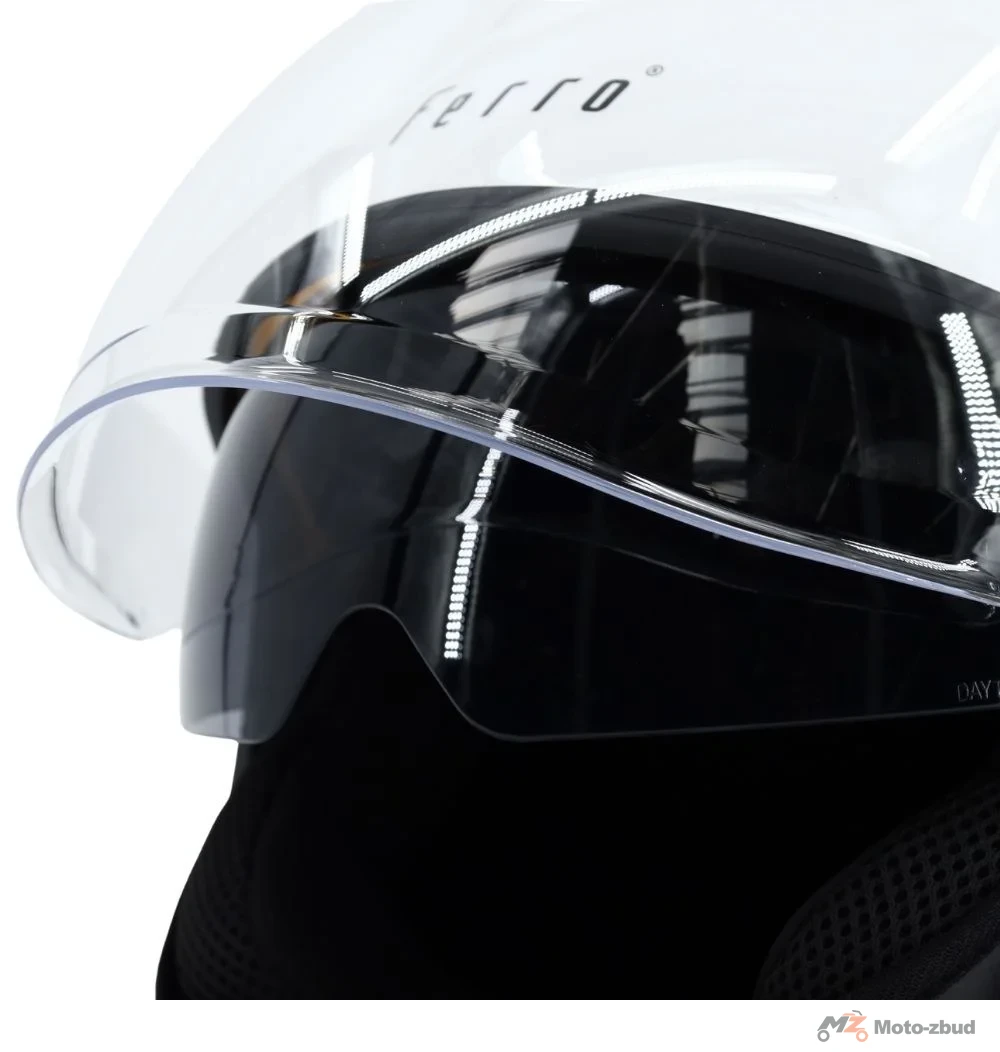 Kask Ferro OF839 z szybą i blendą przeciwsłoneczną bez szczęki biały XS — ujęcie 3