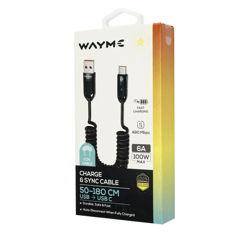 WAYME Kabel do ładowania i synchronizacji w oplocie z mikrofibry spiralny 50 - 180 cm USB > USB-C max 100W czarny — ujęcie 3