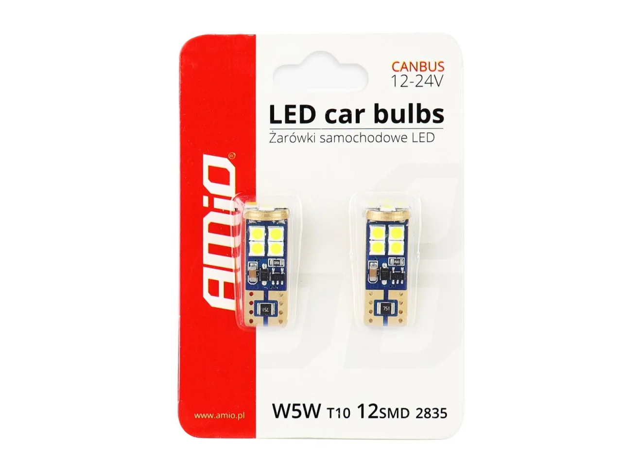 Żarówka W5W T10 12V/24V 12xLED SMD2835 CANBUS biała AMIO (2szt.) — ujęcie 4