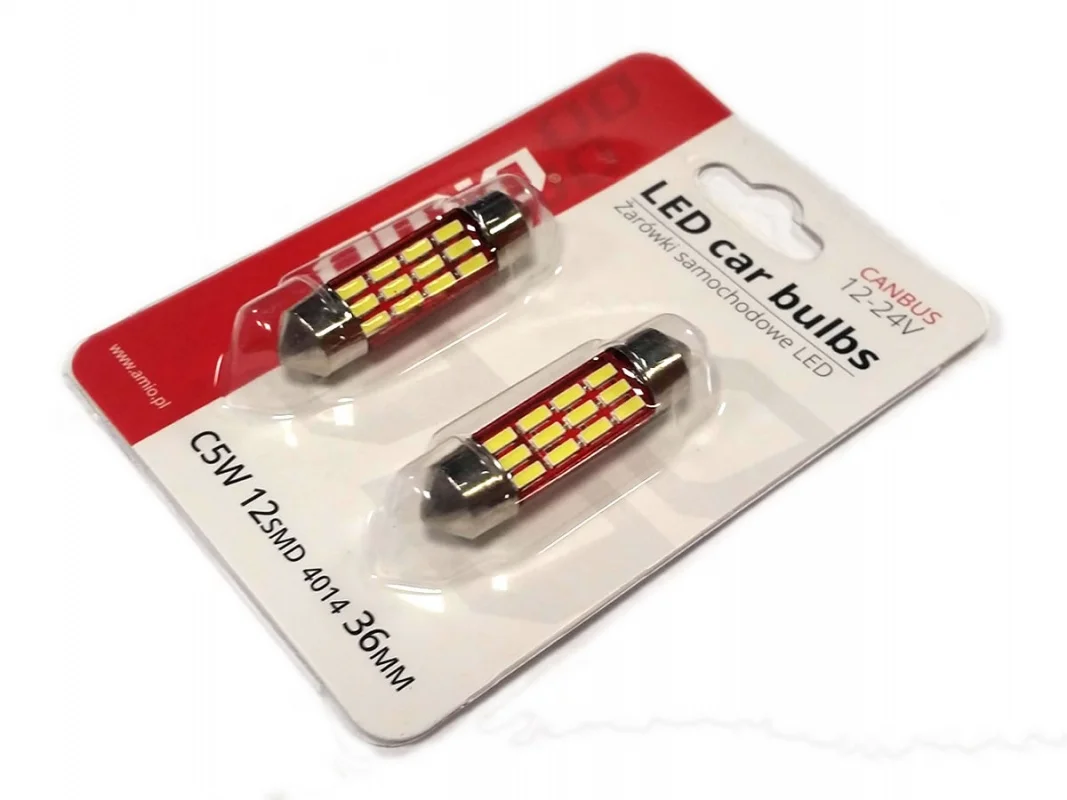 Żarówka rurkowa SV8.5 12V/24V 36mm 12xSMD4014 LED Festoon CANBUS biała AMIO (2szt.) — ujęcie 2