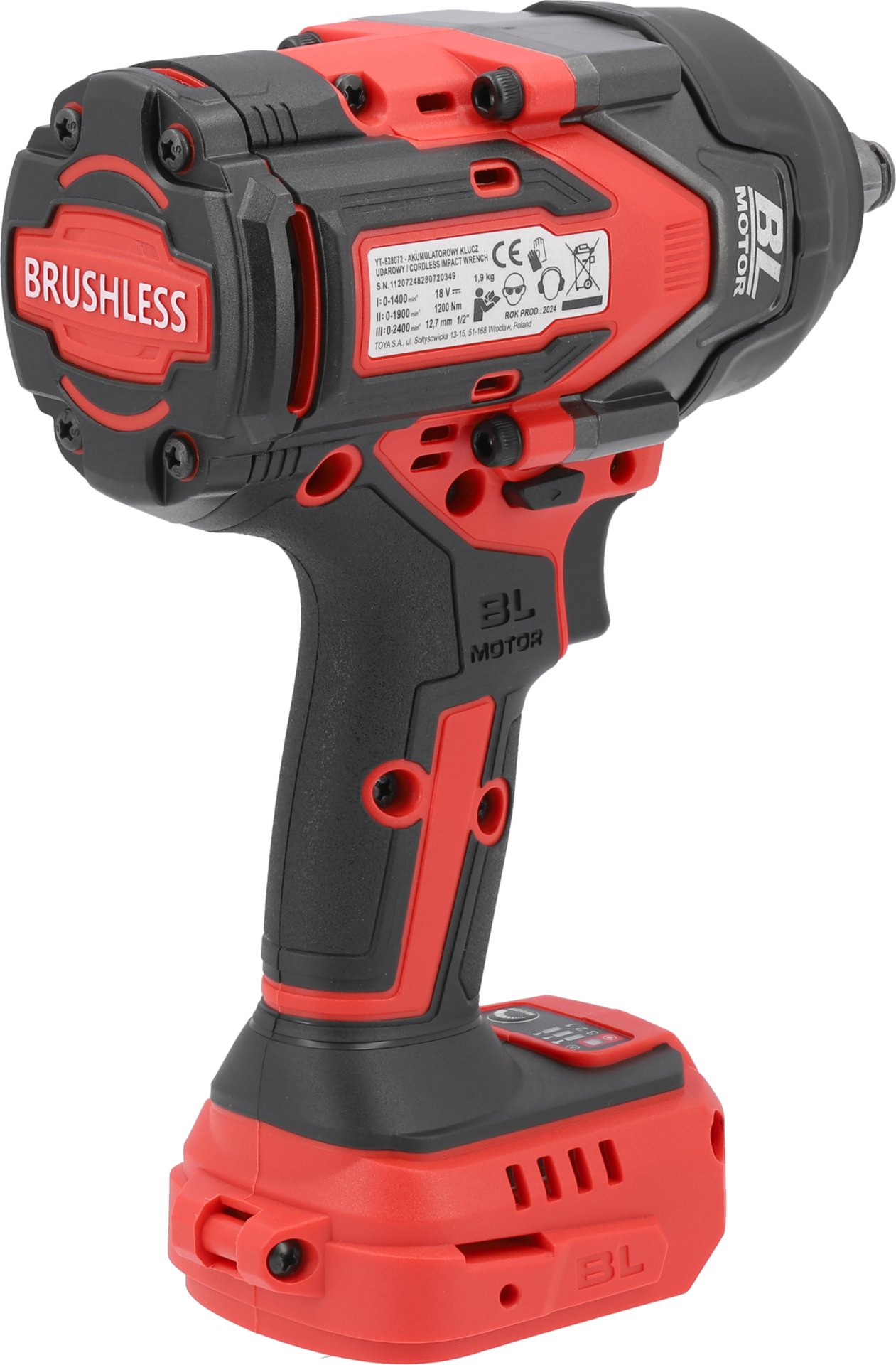 Klucz udarowy akumulatorowy bezszczotkowy 1/2" 1200 Nm body YATO YT-828072 — ujęcie 2