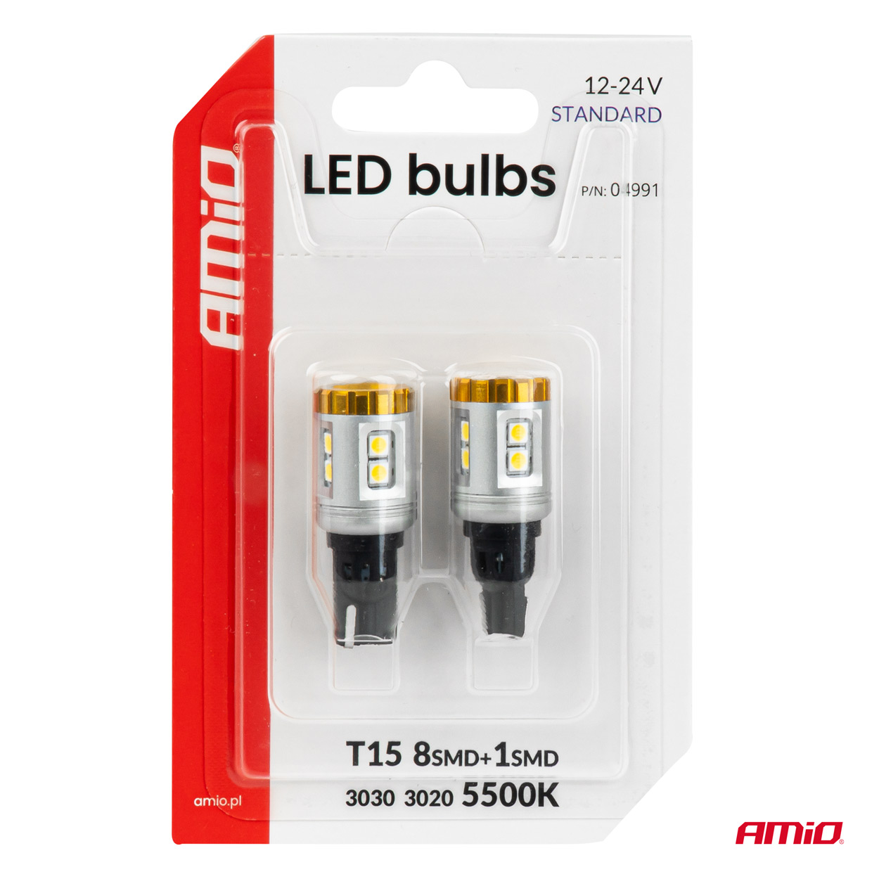 Żarówki LED STANDARD W16W T15 3030 8SMD + 3020 1SMD białe 12 V 24 V — ujęcie 4