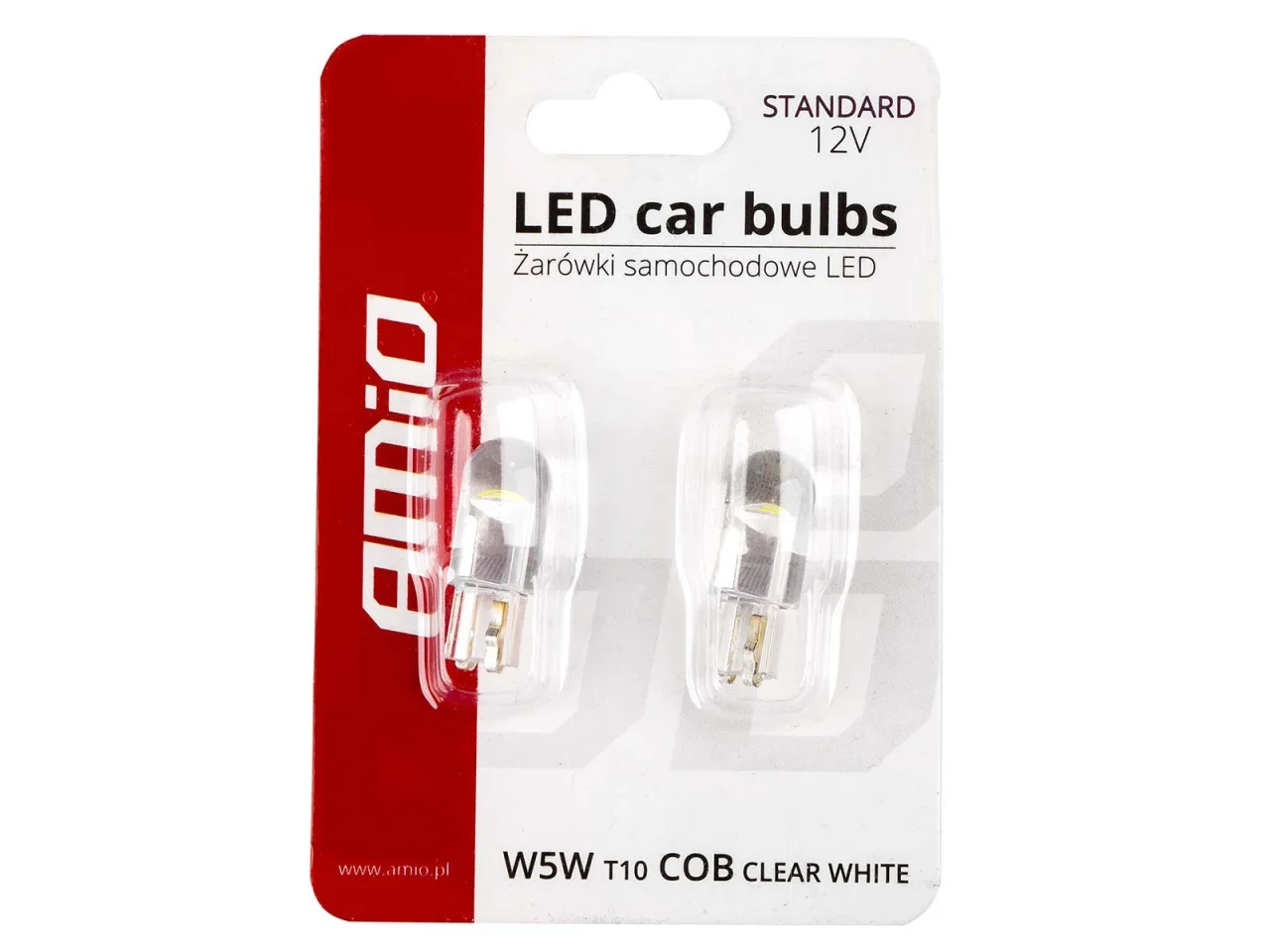 Żarówka W5W T10 12V COB LED całoszklana biała AMIO (2szt.) — ujęcie 2
