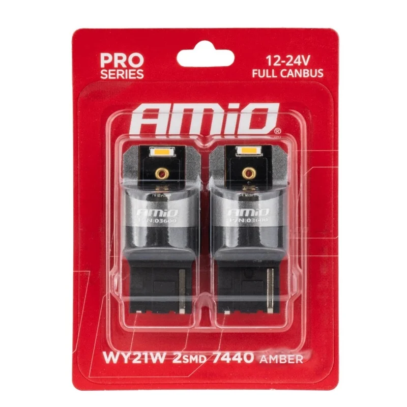 Żarówka WY21W 12V/24V 2xLED SMD1860 CANBUS pomarańczowa AMIO (2szt.) — ujęcie 3