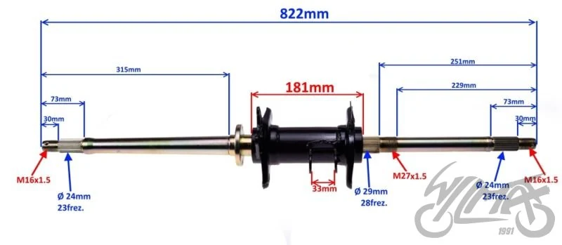 Oś tylna do ATV — 822 mm — komplet z piastami — ujęcie 2