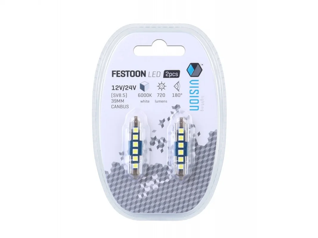 Żarówka rurkowa SV8.5 12V/24V 39mm 6xSMD3030 LED Festoon CANBUS nonpolar biała VISION (2szt.) — ujęcie 2