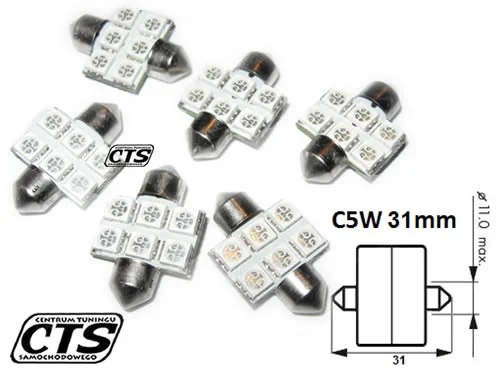 Żarówka rurkowa SV8.5 12V 31mm 6 SMD LED niebieska (1szt.)