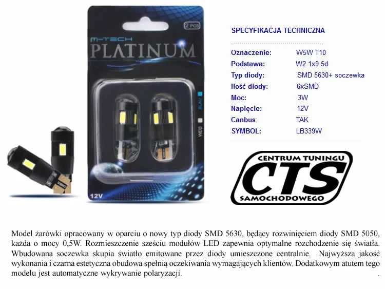 Żarówka W5W T10 12V SMD5630 6xLED CANBUS biała +soczewka 2sz — ujęcie 2
