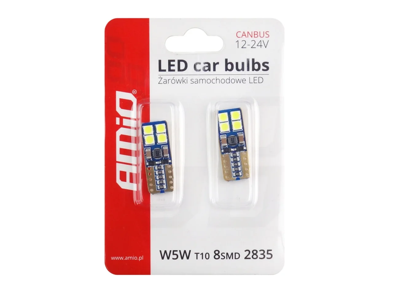 Żarówka W5W T10 12V 8xLED SMD2835 CANBUS biała AMIO (2szt.) — ujęcie 3
