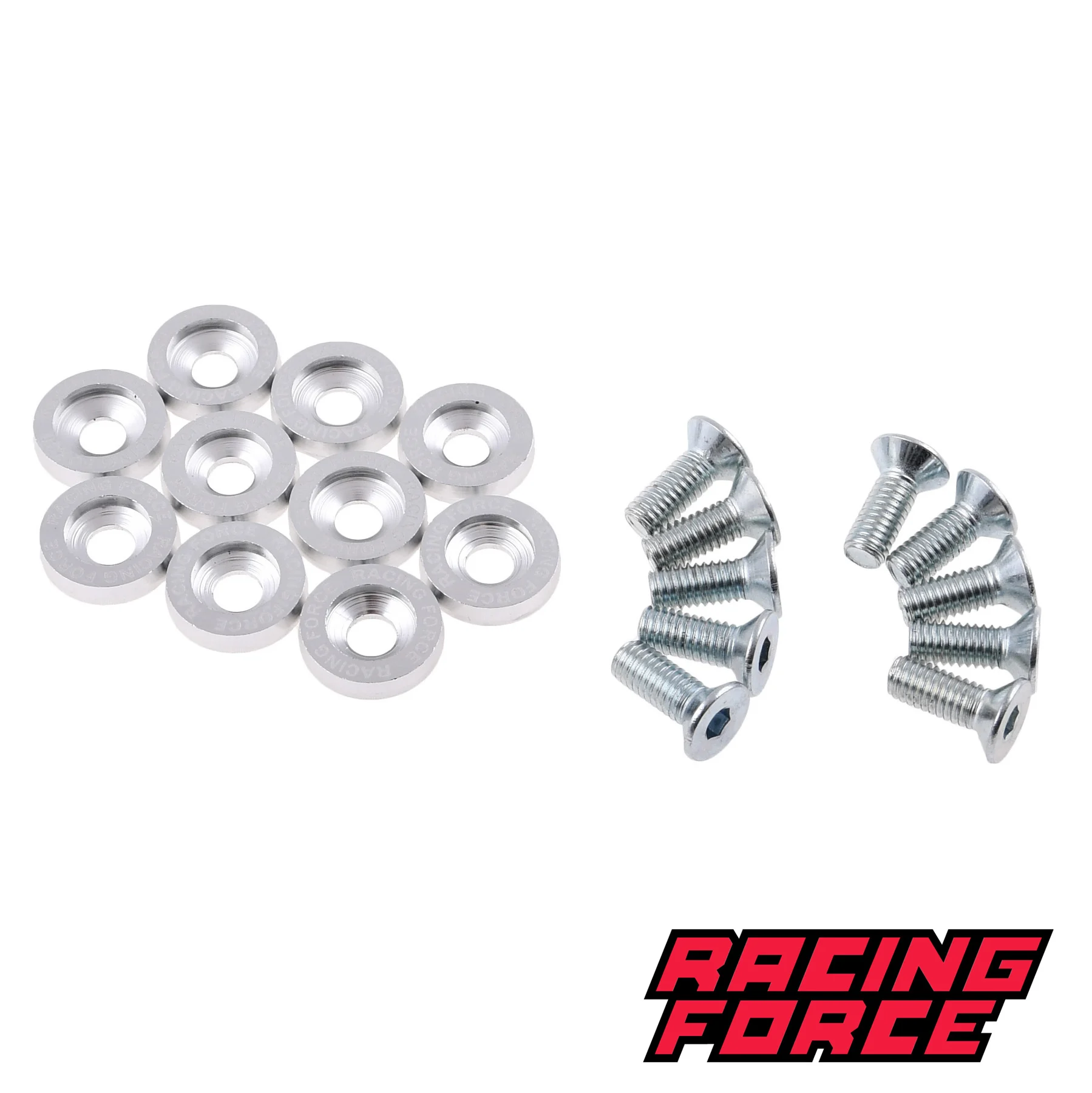 Ozdobne podkładki anodowane + śruby M6 srebrne zestaw 10 szt. Racing Force