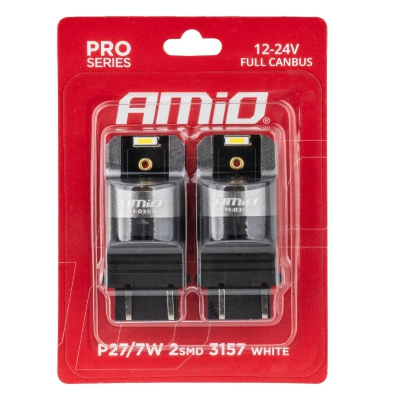 Żarówka P27/7W 12V/24V 2xLED SMD3157 CANBUS biała AMIO (2szt.) — ujęcie 3