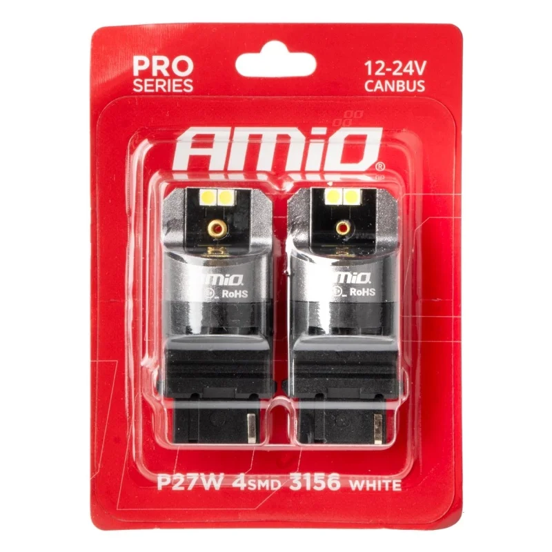 Żarówka P27W 12V/24V 4xLED SMD3030 CANBUS biała AMIO (2szt.) — ujęcie 2