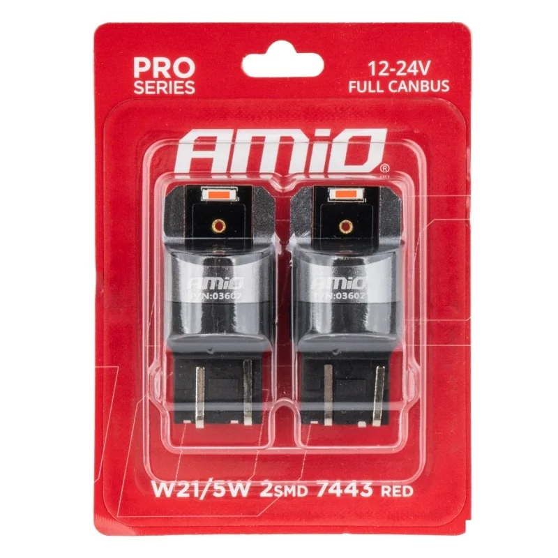 Żarówka W21/5W 12V/24V 2xLED SMD1860 CANBUS czerwona AMIO (2szt.) — ujęcie 3