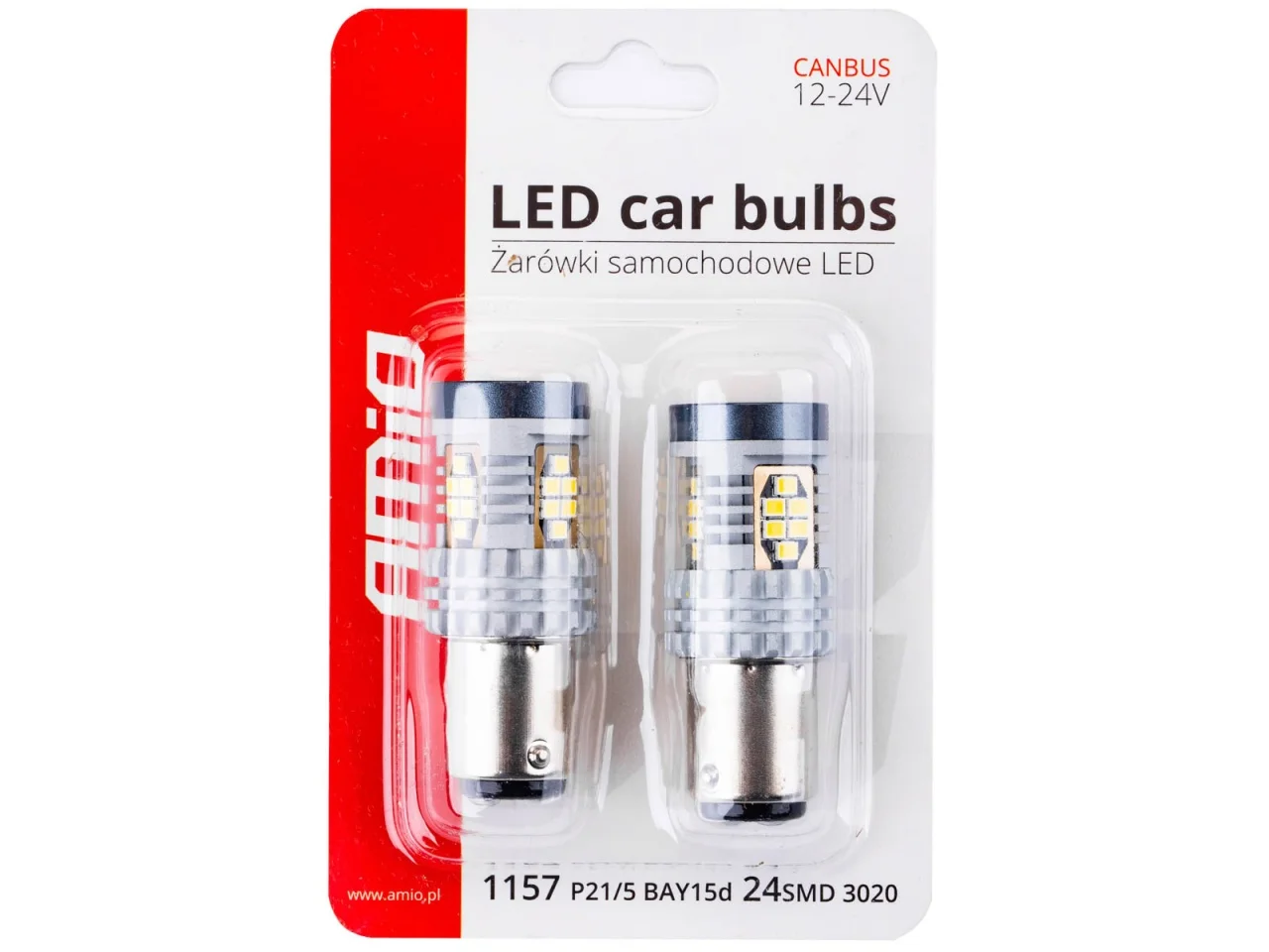 Żarówka BAY15D P21/5W 12V/24V 24x3020 SMD LED CANBUS biała AMIO (2szt.) — ujęcie 2