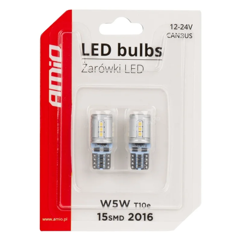 Żarówka W5W T10e 12V/24V 15xLED SMD2016 CANBUS biała AMIO (2szt.) — ujęcie 3