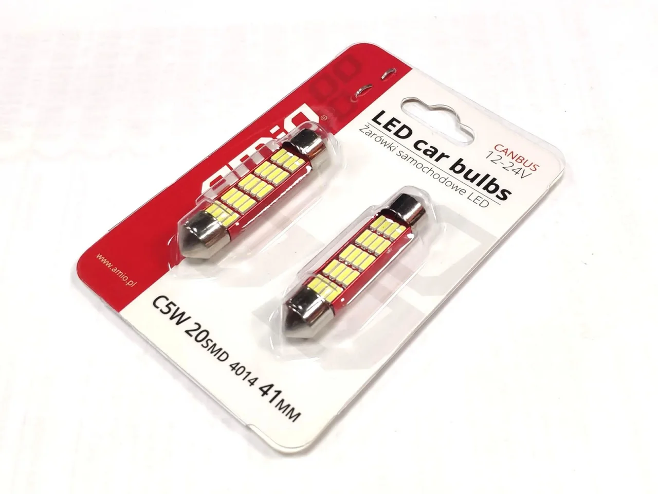 Żarówka rurkowa SV8.5 12V/24V 41mm 20xSMD4014 LED Festoon CANBUS biała AMIO (2szt.) — ujęcie 2