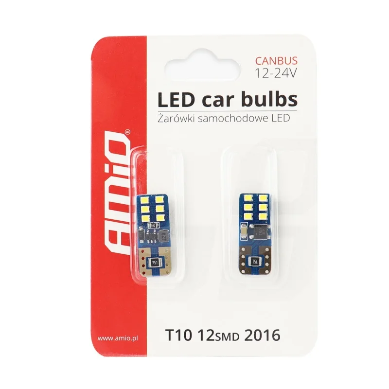Żarówka W5W T10e 12V/24V 12xLED SMD2016 CANBUS biała AMIO (2szt.) — ujęcie 5