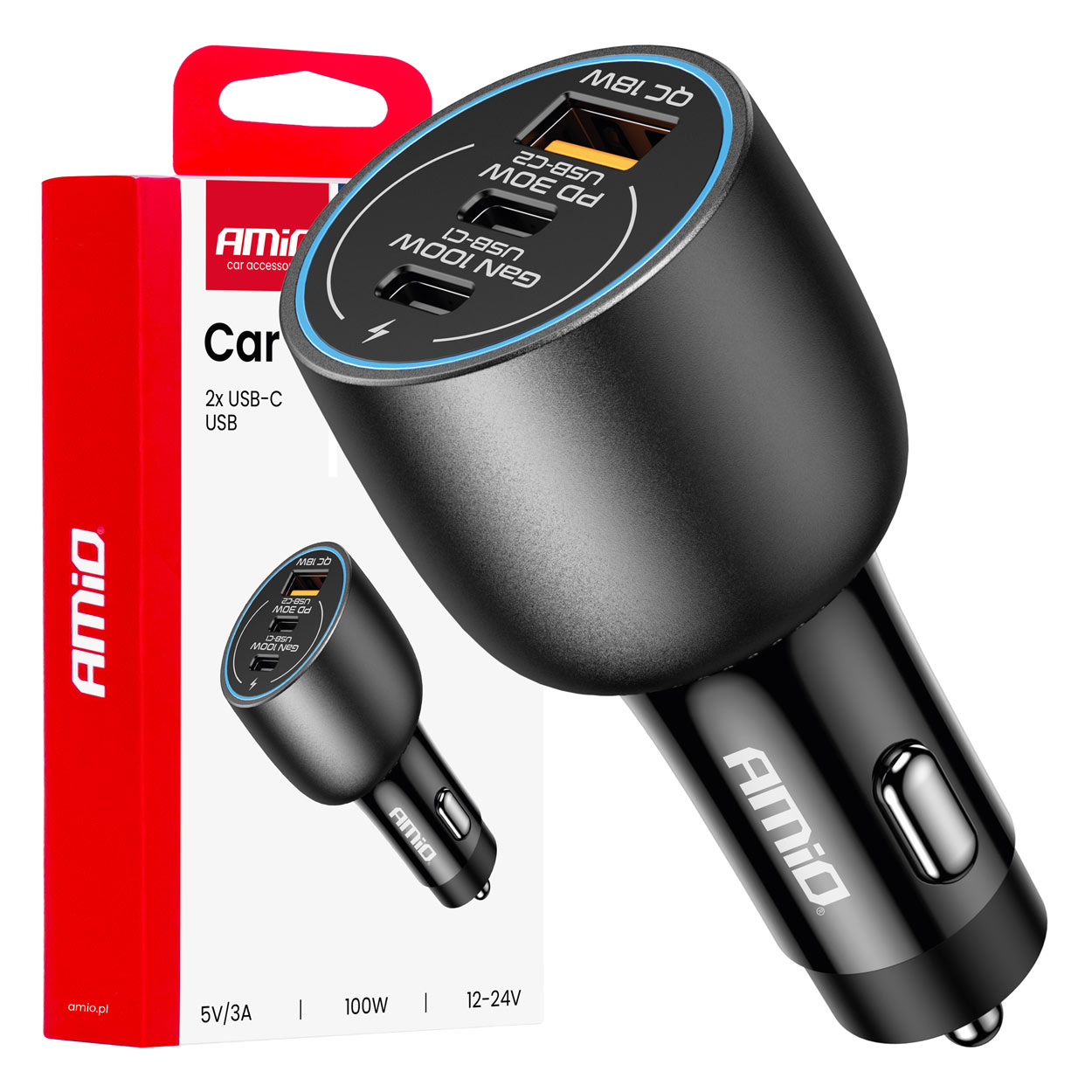 Ładowarka samochodowa 2x USB-C + USB-A 12 V 24 V 100 W