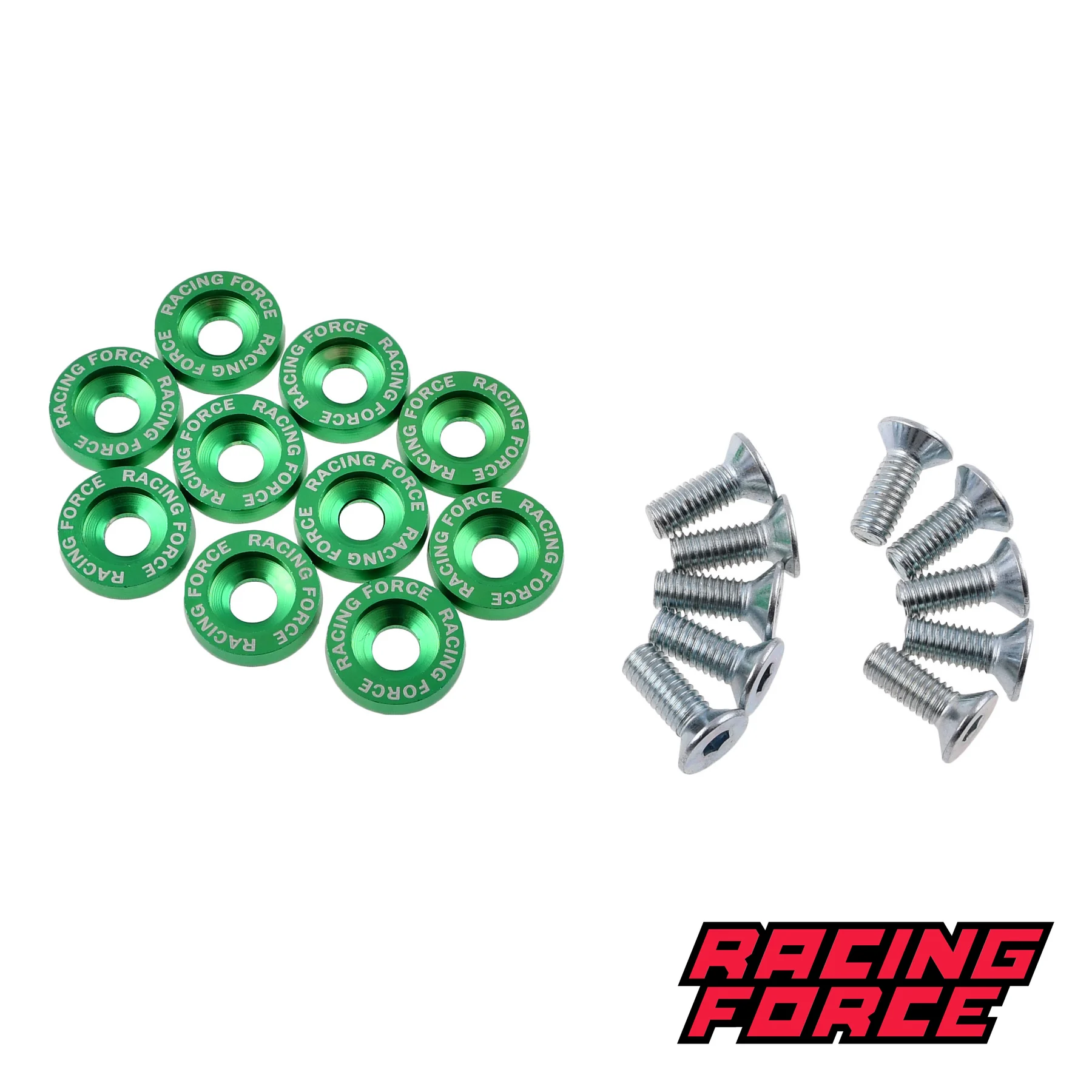 Ozdobne podkładki anodowane + śruby M6 zielone zestaw 10 szt. Racing Force — ujęcie 1
