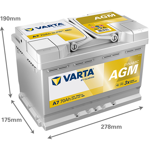 Akumulator 70 Ah 760A 278×175×190/P+ AGM Start-stop Varta 570901076K262 — ujęcie 2