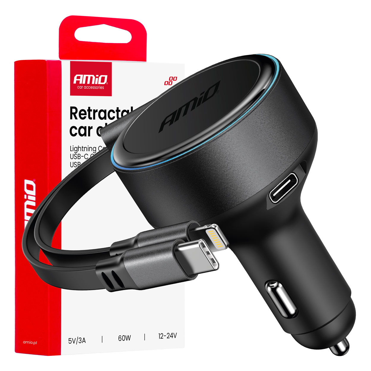 Ładowarka samochodowa ze zwijanym kablem typ C + lightning iPhone + USB-C 12 V 24 V 60 W