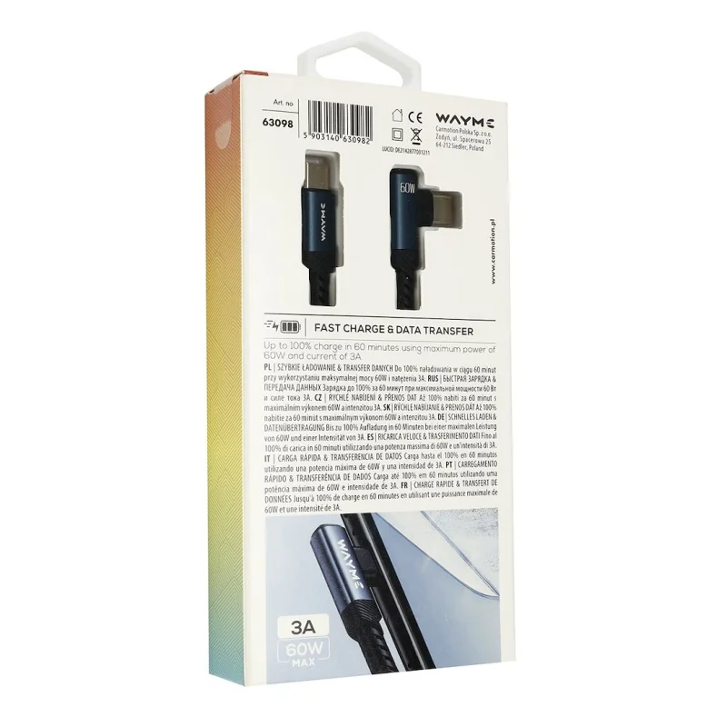WAYME Kabel do ładowania i synchronizacji w oplocie z mikrofibry 100 cm USB-C > USB-C 90° max 60W — ujęcie 2