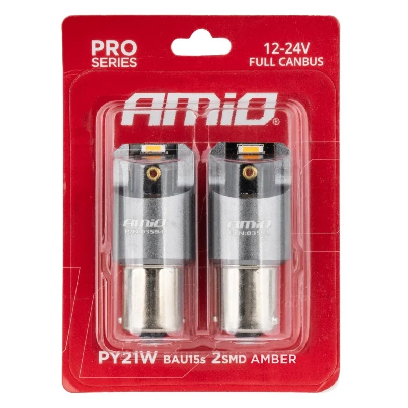 Żarówka PY21W 12V/24V 2xLED SMD1860 CANBUS pomarańczowa AMIO (2szt.) — ujęcie 3