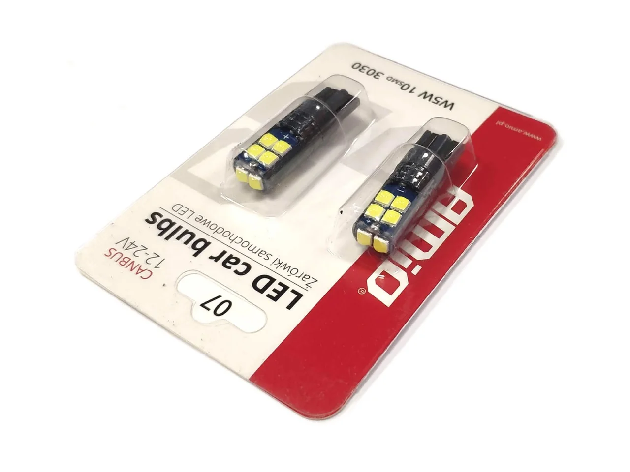 Żarówka W5W T10 12V 10xLED SMD 3030 CANBUS biała AMIO (2szt.) — ujęcie 5