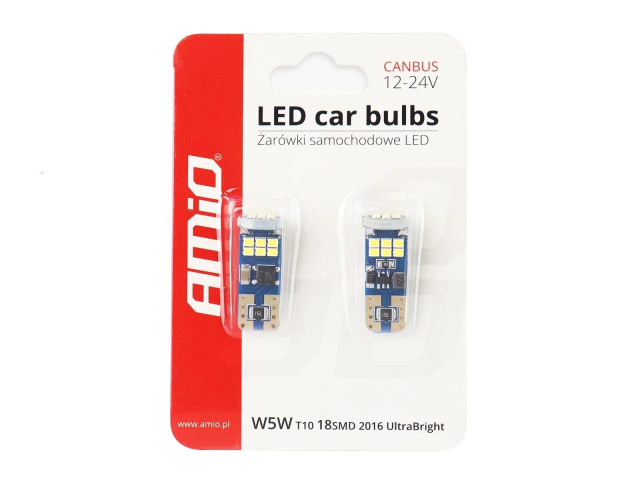 Żarówka W5W T10 12V/24V 18xLED SMD2016 CANBUS biała AMIO (2szt.) — ujęcie 4