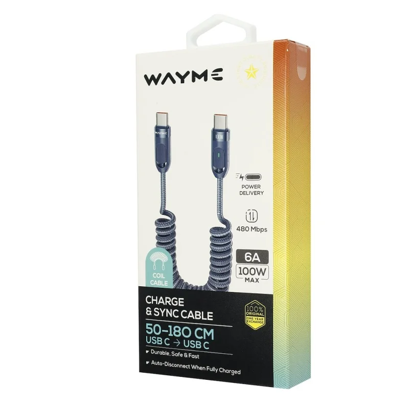 WAYME Kabel do ładowania i synchronizacji w oplocie z mikrofibry spiralny, 50 - 180 cm USB-C > USB-C max 100W niebieski — ujęcie 3