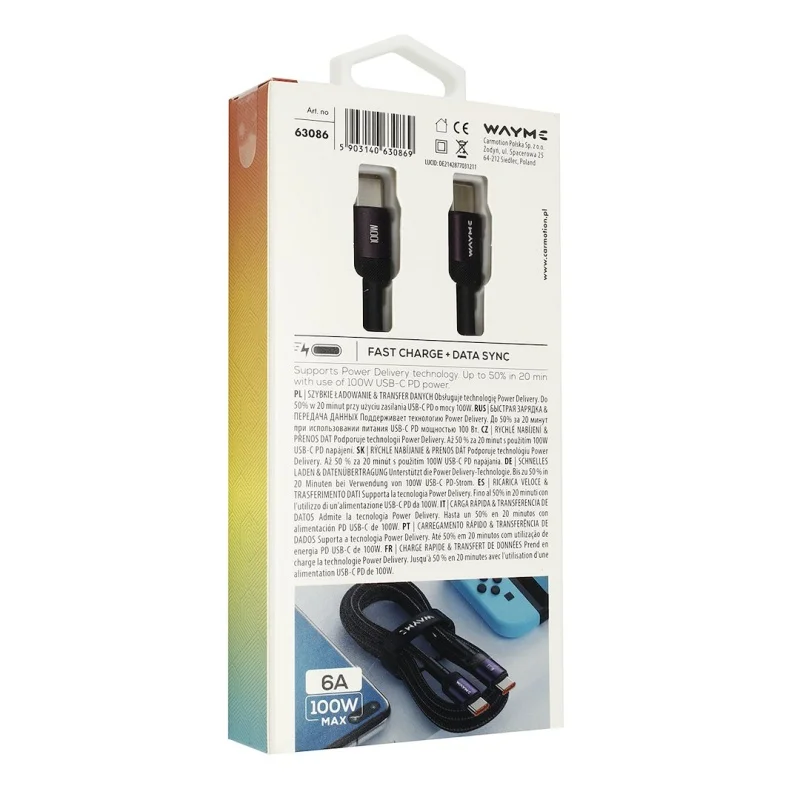 WAYME Kabel do ładowania i synchronizacji w oplocie z mikrofibry 100 cm USB-C > USB-C max 100W fioletowy — ujęcie 2