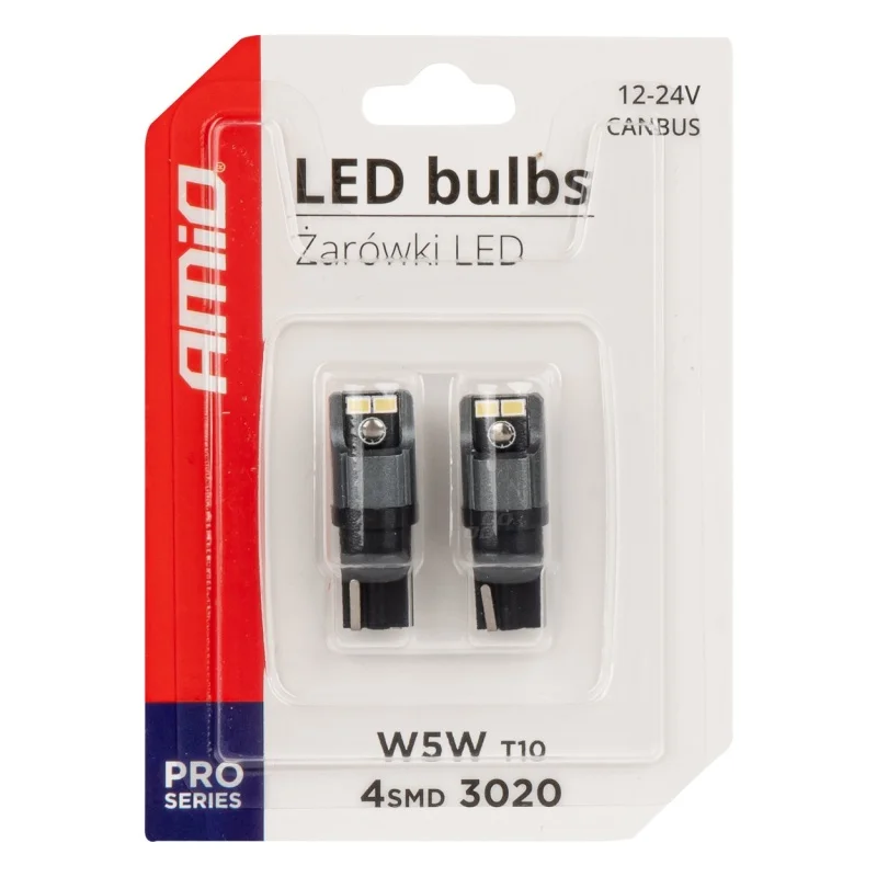Żarówka W5W T10 12V/24V 4xLED SMD3020 CANBUS PRO biała AMIO (2szt.) — ujęcie 3