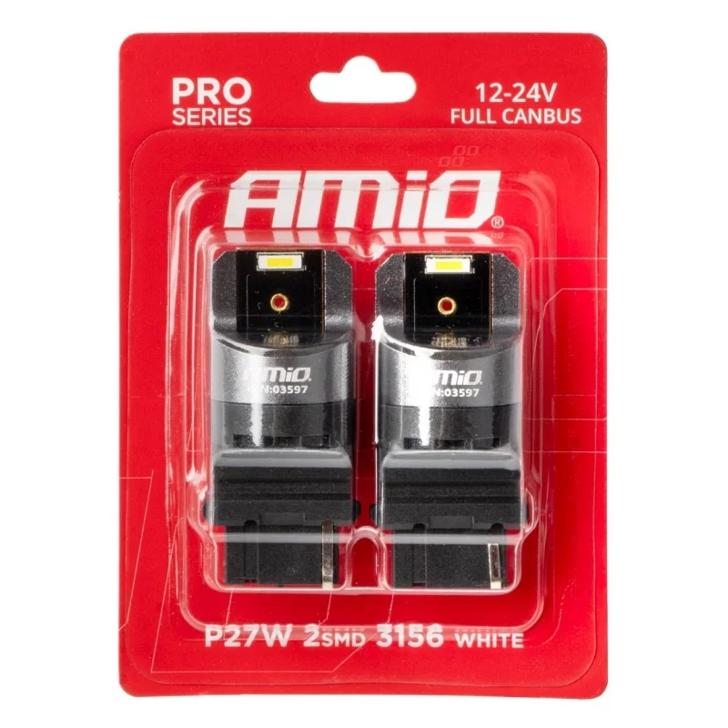 Żarówka P27W 12V/24V 2xLED SMD1860 CANBUS biała AMIO (2szt.) — ujęcie 2