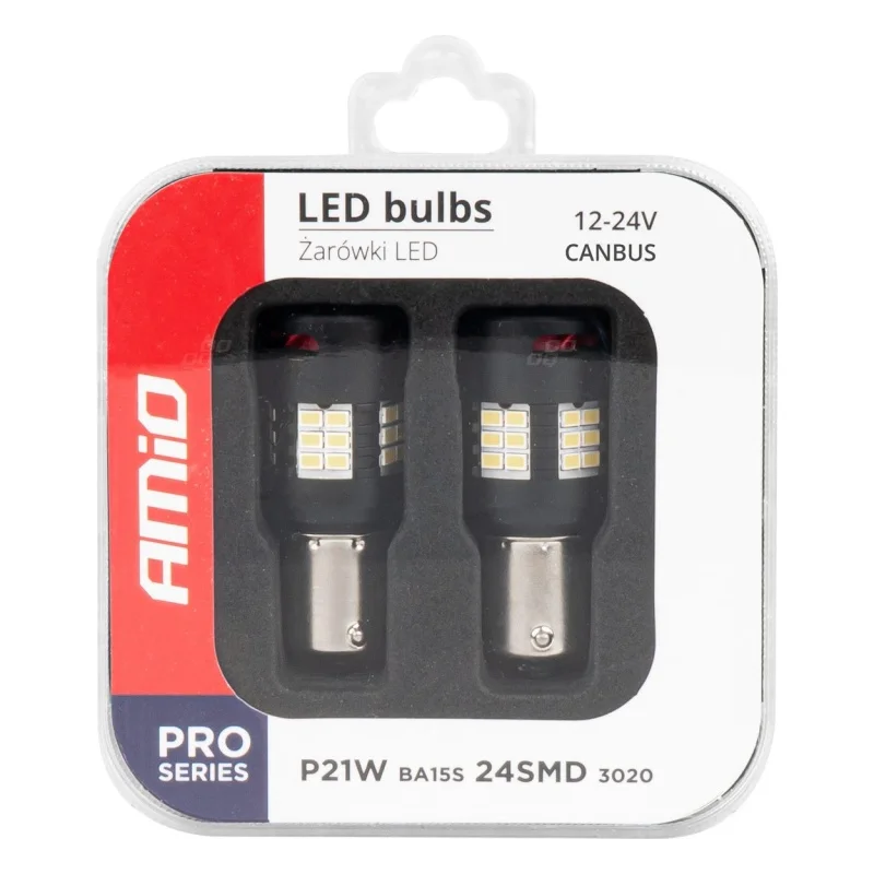Żarówka BA15S P21W R10W R5W 12V/24V 24x3020 SMD LED FAN CANBUS PRO biała AMIO (2szt.) — ujęcie 2