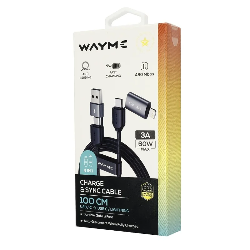 WAYME Kabel do ładowania i synchronizacji w oplocie z mikrofibry, 100 cm (4w1) USB / C > USB-C / Lightning max 60W — ujęcie 3