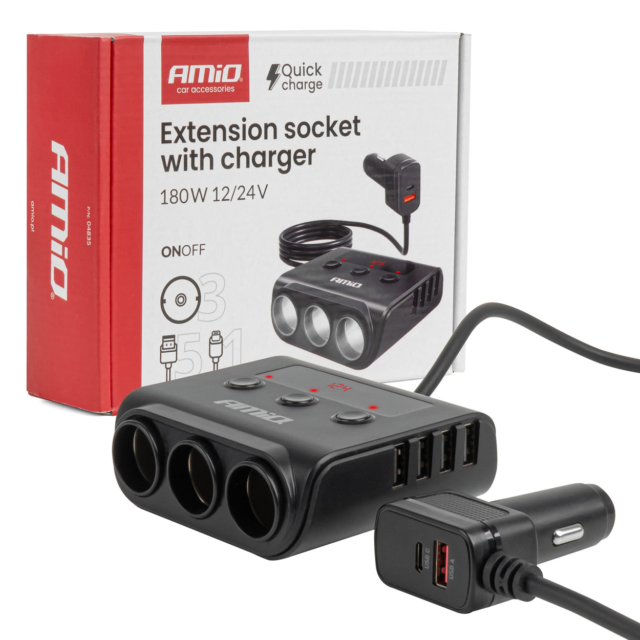 Rozgałęźnik gniazda zapalniczki z ładowarką 4xUSB-A QC3.0 PD 3.0 180 W