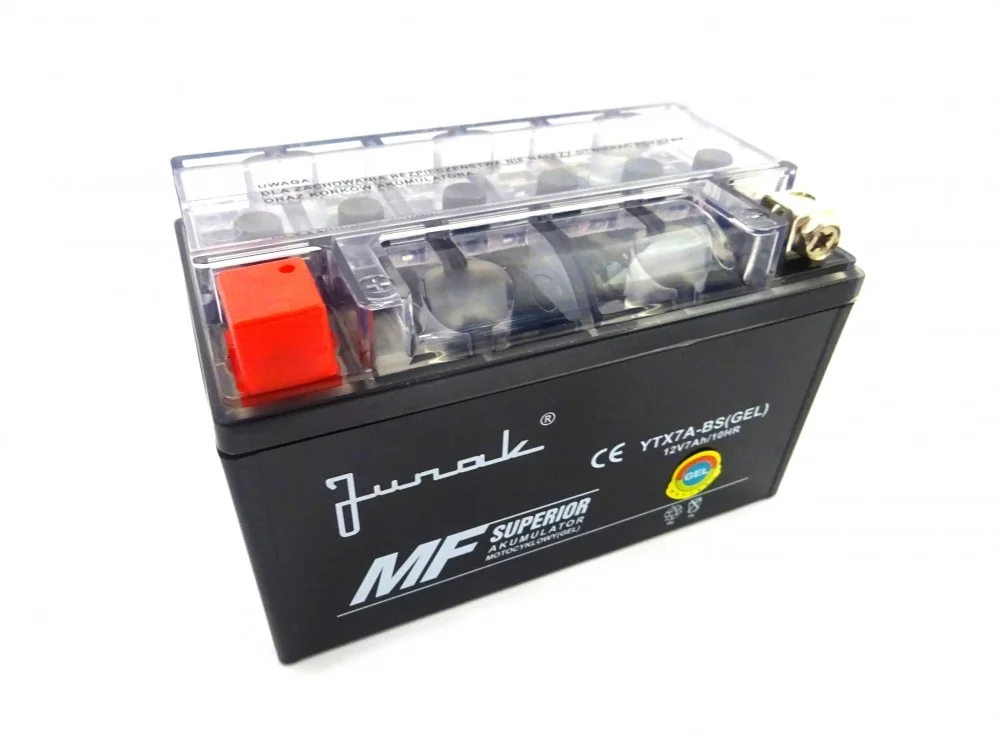 Akumulator Junak 103/104/105/106/107/607/804/805/806/907/VINTAGE/M12/M12 vintage 12 V/7 Ah YTX7A-BS (GEL) żelowy (+-) (wys.x szer.x dł.) (94*87*150) (spakowane po 8 sztuk) (nr rej.E0011444BW)