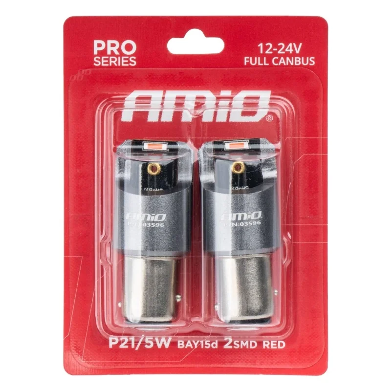 Żarówka P21/5W 12V/24V 2xLED SMD1860 CANBUS czerwona AMIO (2szt.) — ujęcie 3