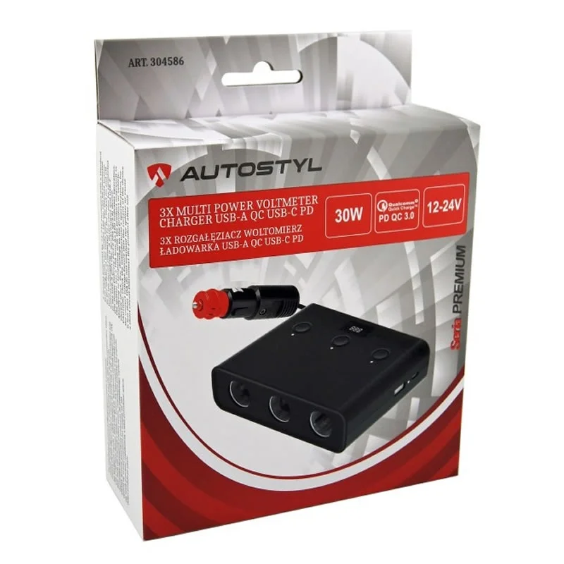 ROZGAŁĘZIACZ ROZDZIELACZ GNIAZDA ZAPALNICZKI 3 gniazda EURO PREMIUM + ŁADOWARKA USB C PD 30W — ujęcie 2