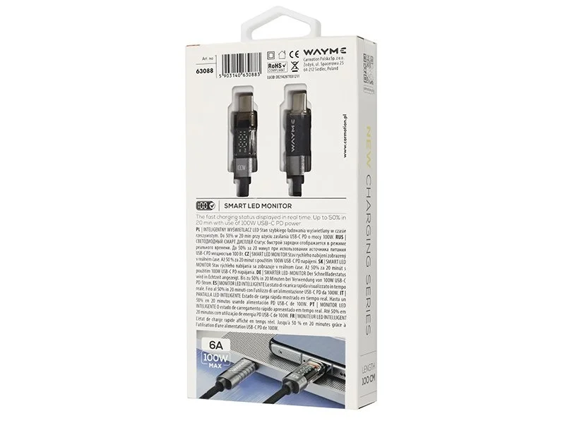 WAYME Kabel do ładowania i synchronizacji w oplocie z mikrofibry 100 cm USB-C > USB-C max 100W z wyświetlaczem szary — ujęcie 2