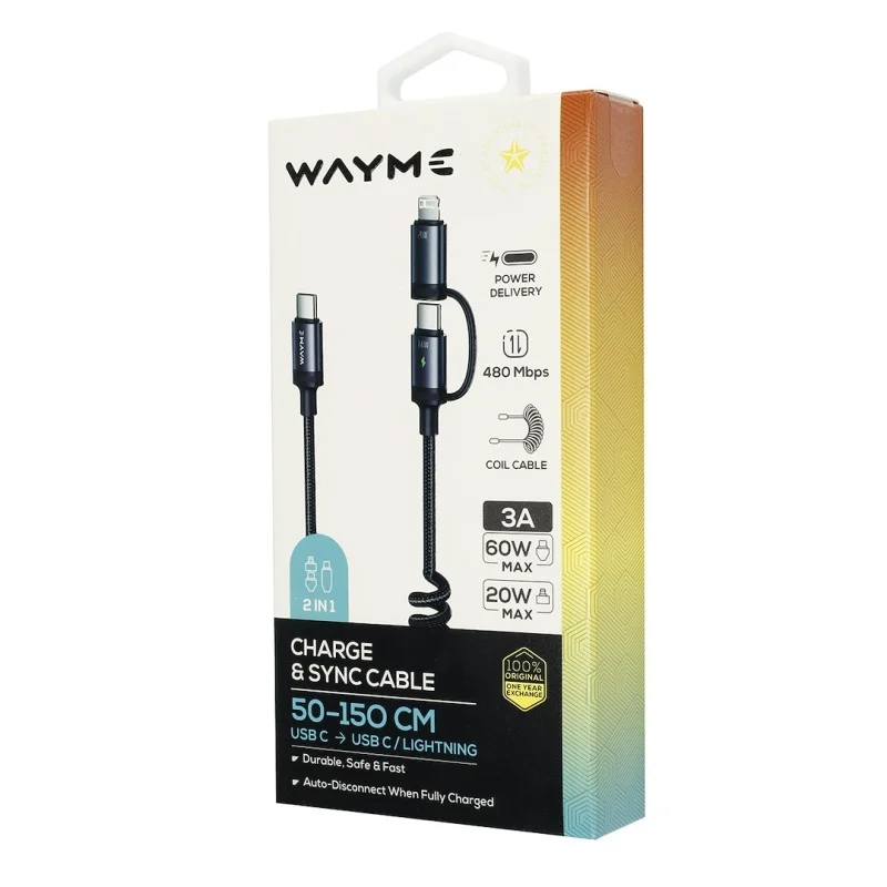 WAYME Kabel do ładowania i synchronizacji w oplocie z mikrofibry spiralny 50 - 150 cm USB-C > USB-C / Lightning max 60W — ujęcie 3