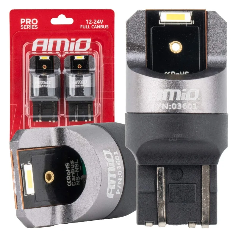 Żarówka W21/5W 12V/24V 2xLED SMD1860 CANBUS biała AMIO (2szt.)