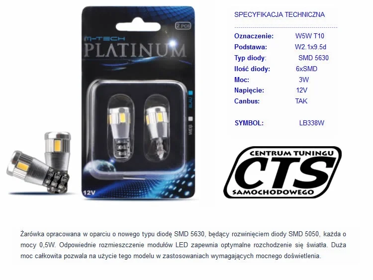 Żarówka W5W T10 12V SMD5630 6xLED CANBUS biała (2szt) — ujęcie 2