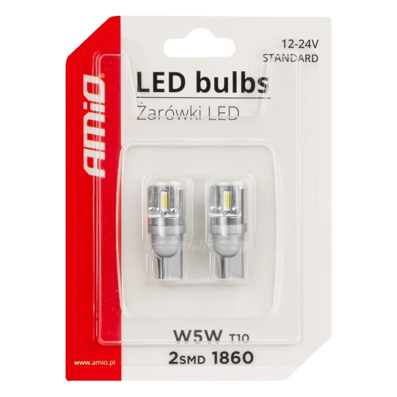 Żarówka W5W T10 12V/24V 2xLED SMD1860 biała AMIO (2szt.) — ujęcie 3