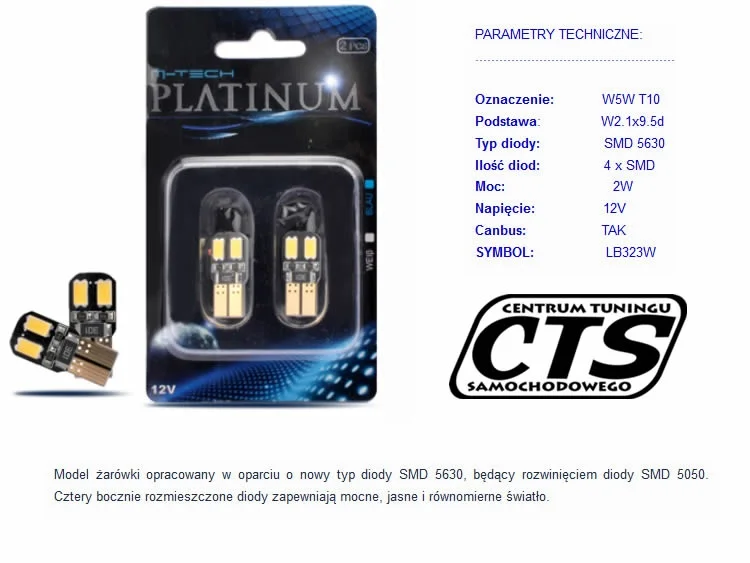 Żarówka W5W T10 12V SMD5630 4xLED CANBUS biała (2szt) — ujęcie 2